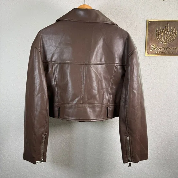Lioness Staten Island Brown Vegan Leather Cropped Moto Jacket Womens XS NEW - Picture 11 of 11